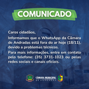 COMUNICADO: WhatsApp da Câmara Municipal está temporariamente fora do ar por problemas técnicos