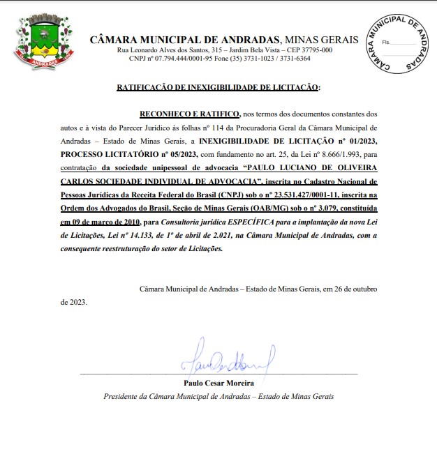 Ratificação de inexibilidade de licitação